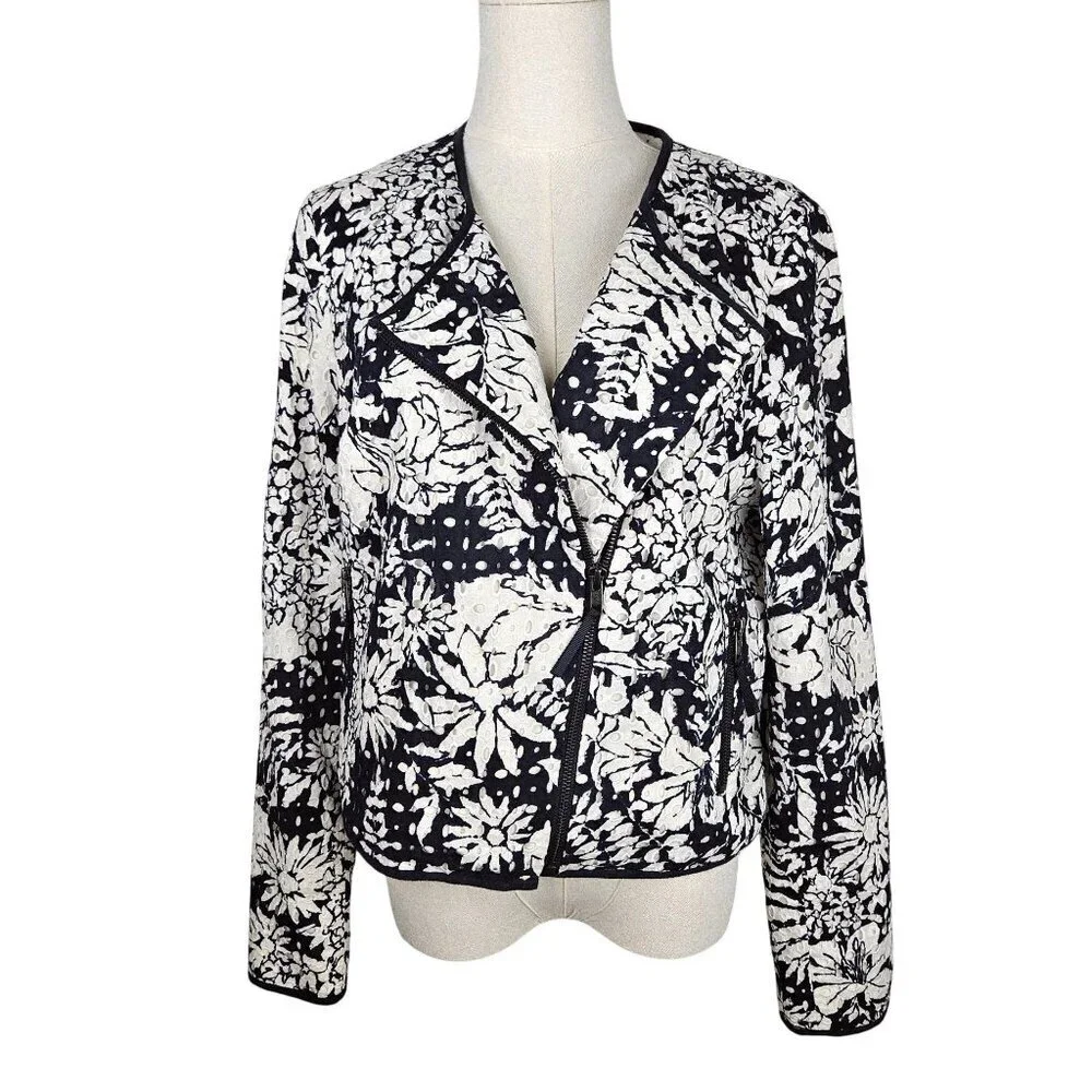 Boden Amelie Broderie Biker Jacket Sz 10 White Black Zip Front Floral Officewear